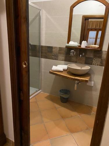 a bathroom with a sink and a mirror at Agriturismo Palazzo Bandino - Wine cellar, on reservation restaurant and spa in Chianciano Terme