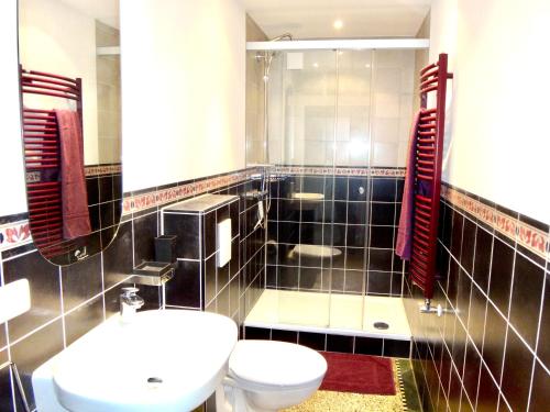 a bathroom with a toilet and a sink and a mirror at Landhaus am Schloss in Schnabelwaid