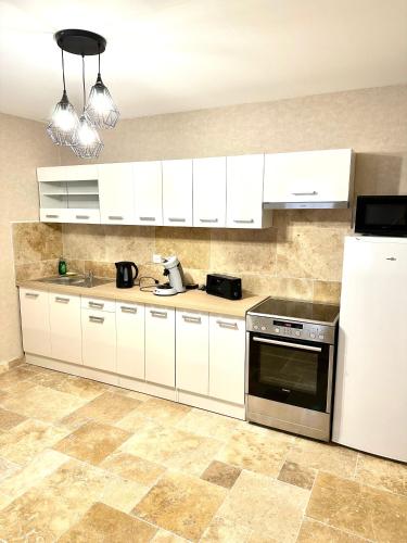 une cuisine avec des armoires blanches et une cuisinière dans l'établissement Le Petit Phuket, à Saint-Laurent-sur-Saône