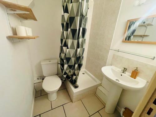 une petite salle de bain avec toilettes et lavabo dans l'établissement Alyo, Studio proche centre 1p, à Caen