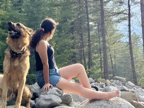 a woman sitting on some rocks with a dog at Flüstern Manali in Nagar
