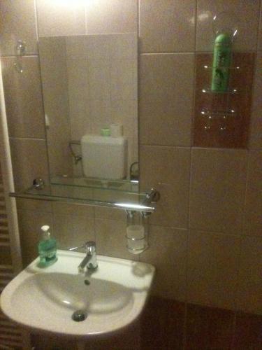 a bathroom with a sink and a mirror at Bíbic Vendégházak in Nagybajom