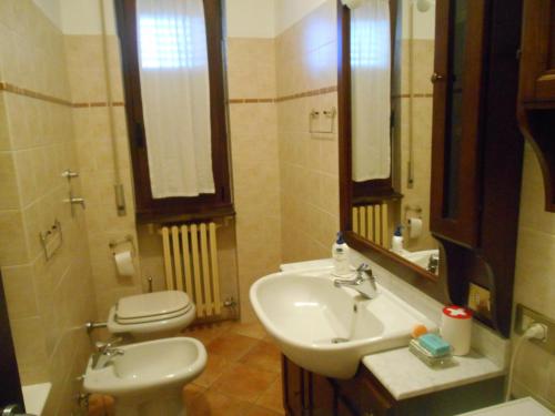 a bathroom with a sink and a toilet and mirror at Niguarda Alfred House in Bresso