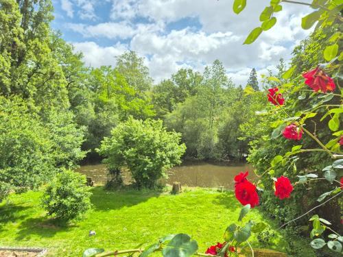 a view of a river from a garden with red flowers at Le Pont Bas bord de rivière proche Puy du Fou in Mortagne-sur-Sèvre