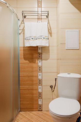 a bathroom with a toilet and a sink and towels at Rila Residence - next to Pirin Golf in Razlog