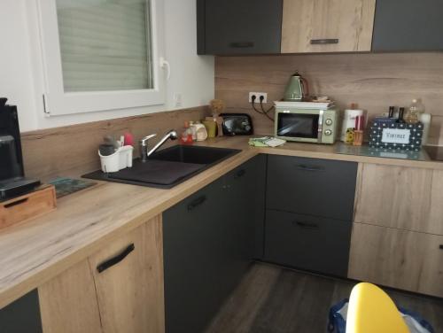 a kitchen with a sink and a microwave at Casa Di sardhina in Ghisonaccia