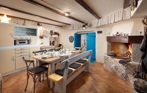 a kitchen with a table with chairs and a fireplace at Beautiful Villa Palazzo Adriana Krk in Dobrinj