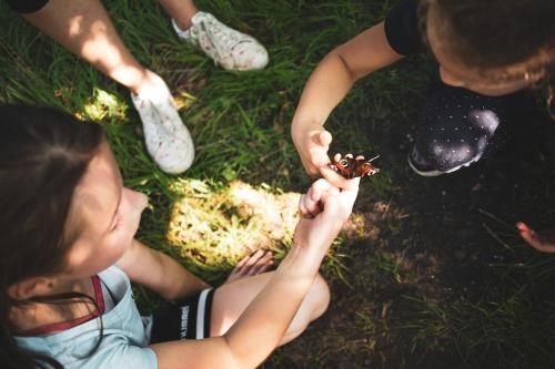 a girl holding a small bee in her hands at Boomklever I Charmante Vakantiewoning met Openhaard in Zwiggelte