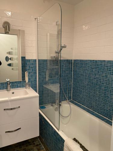 une salle de bain avec une baignoire, un lavabo et une douche dans l'établissement Charmant 2 pièces au coeur de Paris, à Paris