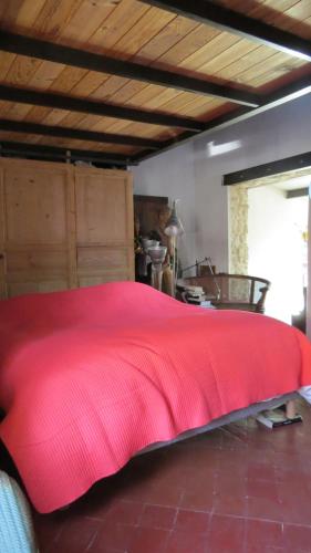 - un grand lit rouge avec une couverture rouge dans l'établissement Maison colorée, jardin et studio, à Avignon