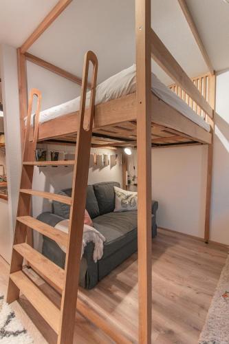 a loft bed with a couch in a room at Sam and Karo City Studio in Trier