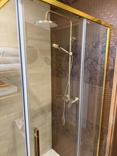 une douche avec une porte vitrée dans une salle de bain dans l'établissement Maison cosy au cœur d'Étaples sur mer, à Étaples