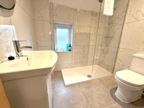 a bathroom with a shower and a sink and a toilet at The Loft Apartments Cardiff Central in Cardiff