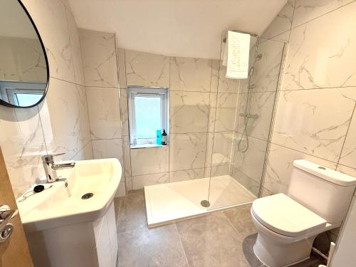 a bathroom with a toilet and a sink and a shower at The Loft Apartments Cardiff Central in Cardiff