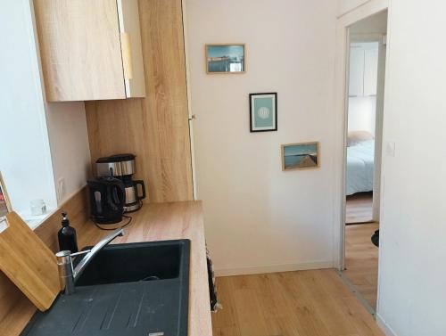 a kitchen with a sink and a microwave at L 'Échappée Marine au coeur de Concarneau in Concarneau