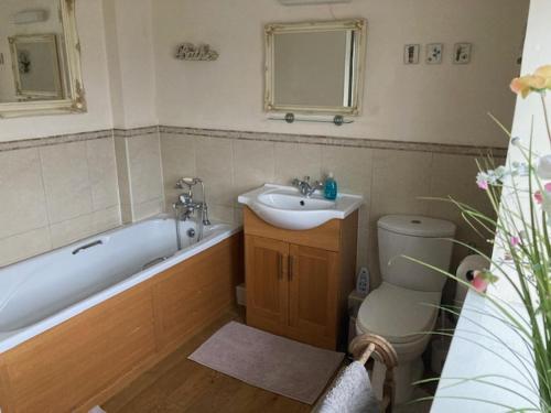 ein Badezimmer mit Waschbecken, Badewanne und Toilette in der Unterkunft Royds Hall Cottage in Keighley