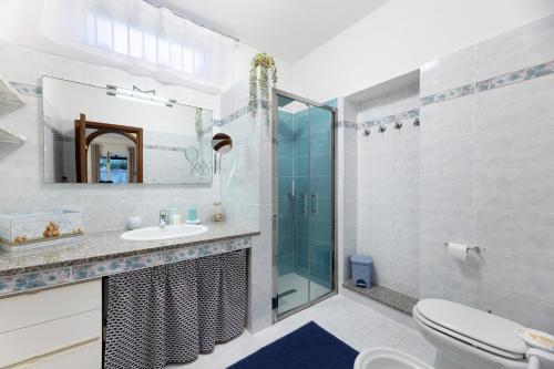 un bagno con doccia, lavandino e WC di Casa Anna a Pomonte - Goelba a Pomonte
