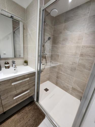 a bathroom with a shower and a sink at Jolie longère près Canal Nantes-Brest ' Pétanque in Guenrouet