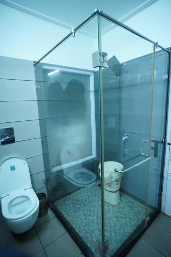 een badkamer met een toilet in een glazen ruimte bij The Castle Villa Pine View Kasauli in Kasauli