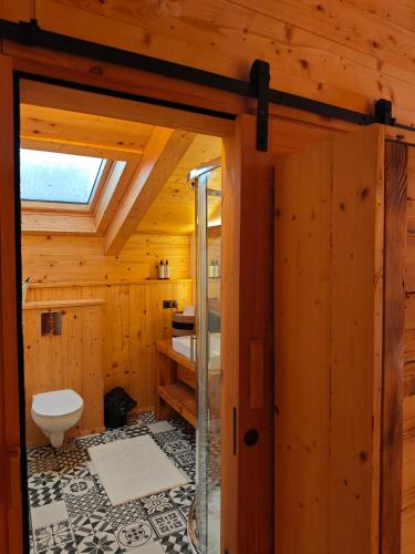 a bathroom with a toilet and a sink at La Cassa Chalet Adults only in Vişeu de Sus