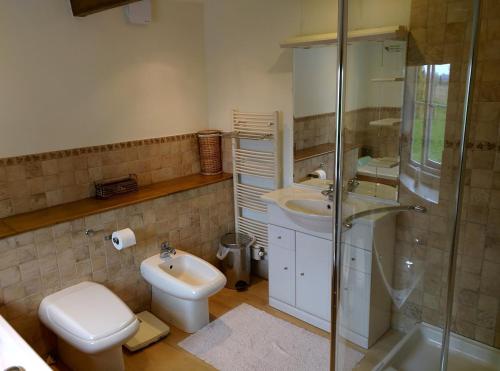 a bathroom with a toilet and a sink and a shower at Beautiful Cotswold Farmhouse set in 50 acres in Lechlade