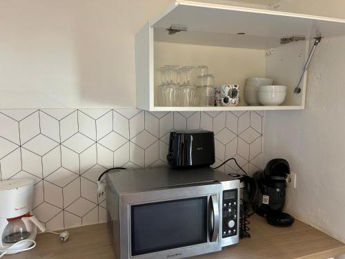 un micro-ondes posé sur un comptoir dans une cuisine dans l'établissement Le Cocon de la Grande Rue, à Tournon-sur-Rhône
