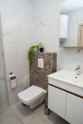 a white bathroom with a toilet and a sink at Urban Living in Gevgelija