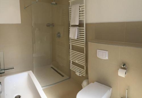 a bathroom with a shower and a toilet and a sink at Hotel Garten in Bonn