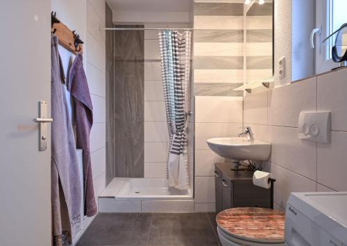 a bathroom with a shower and a toilet and a sink at Ferienbungalow Schlossblick in Füssen