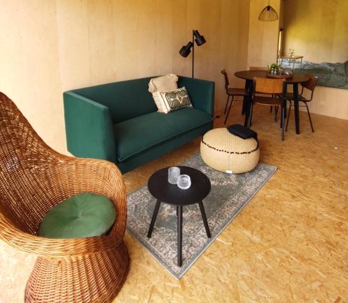 a living room with a green couch and a table at Tiny house met privé hottub in Vledder