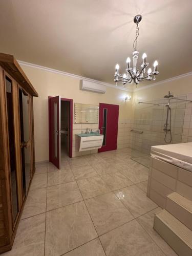 a bathroom with a sink and a shower and a chandelier at Penzion 4 Dvory in České Budějovice