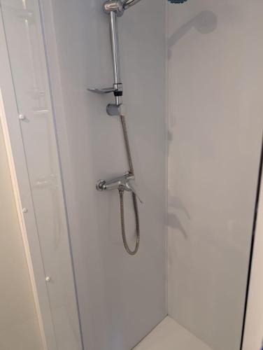 une douche avec une porte vitrée dans une salle de bain dans l'établissement Le Domaine de la Héchaie, à Marzan