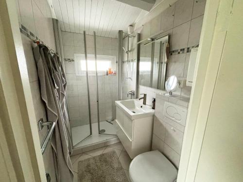 une salle de bains avec douche, toilettes et lavabo dans l'établissement Coast Seven, à Borgwedel