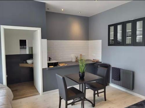 a dining room with a table and chairs and a kitchen at Le Grand Studio Centre Gare in Épinal