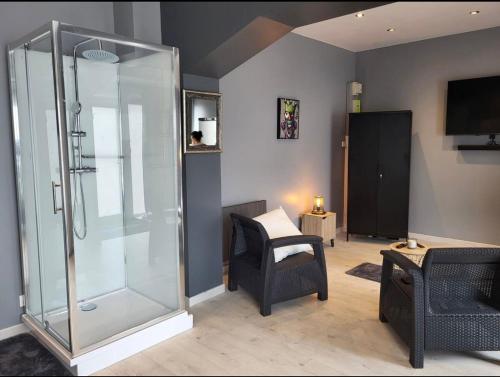 La salle de bains est pourvue d'une douche en verre et d'une chaise. dans l'établissement Le Grand Studio Centre Gare, à Épinal
