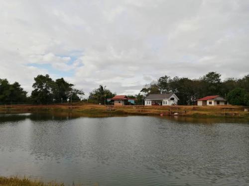 a large lake with houses in the background at Homestay D'kolam in Pendang