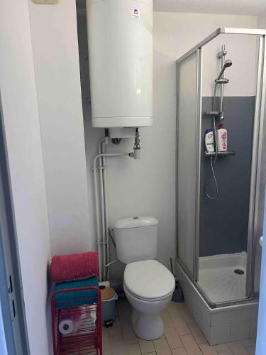 une petite salle de bain avec toilettes et douche dans l'établissement Studio au bord de mer, à Sète