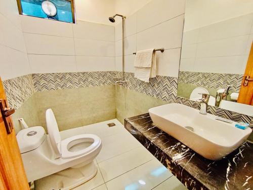 a bathroom with a toilet and a sink at Hayat Grand Guest House in Islamabad