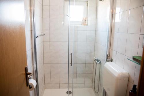 メジュゴリエにあるGuest House Rosanda, 200m from Churchのシャワー、トイレ、洗面台を備えたバスルーム