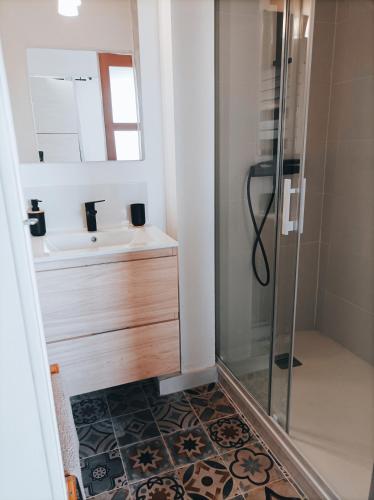 une salle de bain avec un lavabo et une douche dans l'établissement Bel appartement tout équipé, au Mans