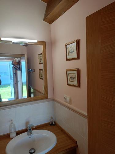 a bathroom with a sink and a mirror at Cabaña rústica playa Area, Viveiro, Lugo in Lago