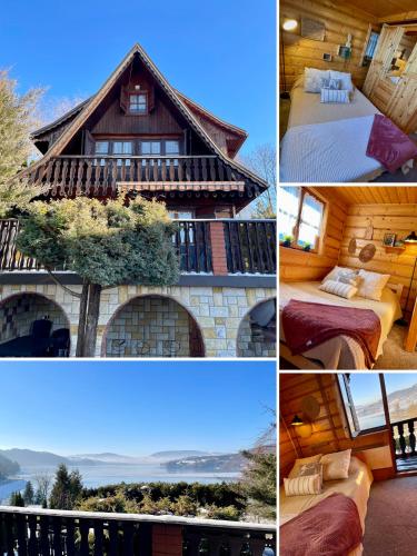 a collage of four pictures of a cabin at PEŁNA CHATA w Gródku nad Dunajcem in Gródek Nad Dunajcem