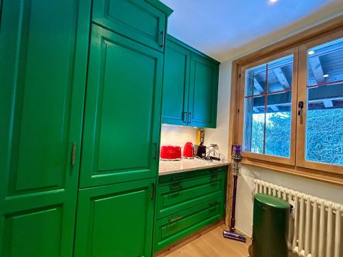 a green kitchen with green cabinets and a window at Beautiful Flat With Traditional Architecture in Rougemont