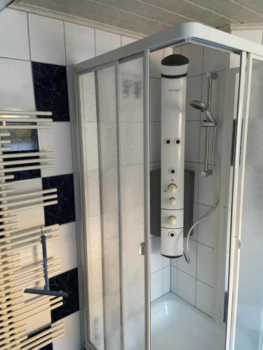a shower in a bathroom with a shower at Haus mit Sauna, Garten und Pool in Sangerhausen