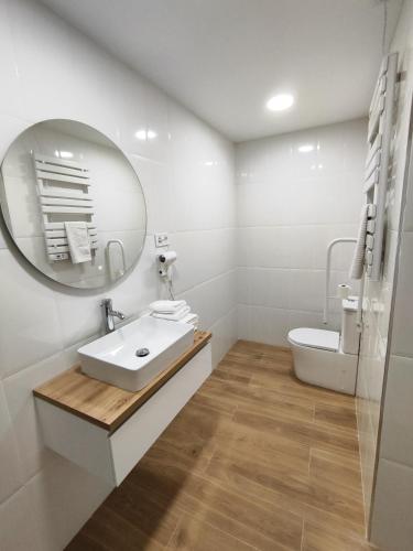a bathroom with a sink and a mirror and a toilet at Apartamentos VALDECILLA nuevos in Santander