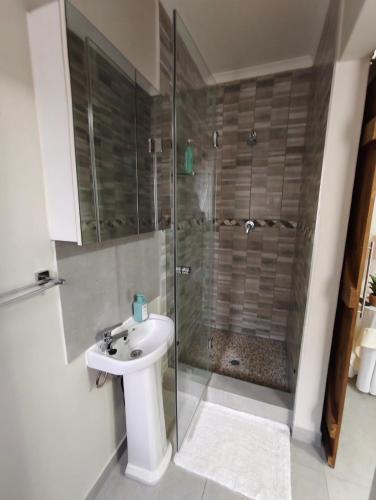a bathroom with a sink and a shower with a glass door at Be Our Guest 2 in Richards Bay