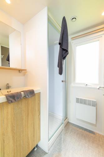 une salle de bain avec douche et lavabo dans l'établissement Camping Les Carolins, à Saint-Lo-dʼOurville