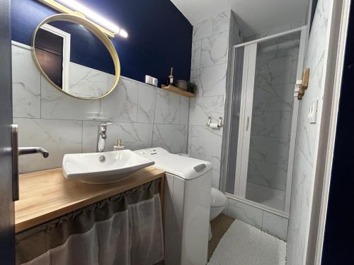 une salle de bain avec un lavabo, des toilettes et un miroir dans l'établissement 4 couchages, proche plage et port, au Cap d'Agde