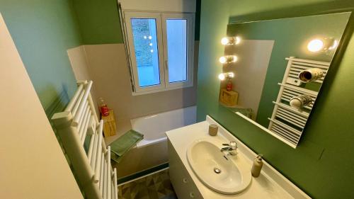 Un baño verde con lavabo y espejo. en Le Joli Cèdre 8pers Le Mont Dore, en Le Mont-Dore