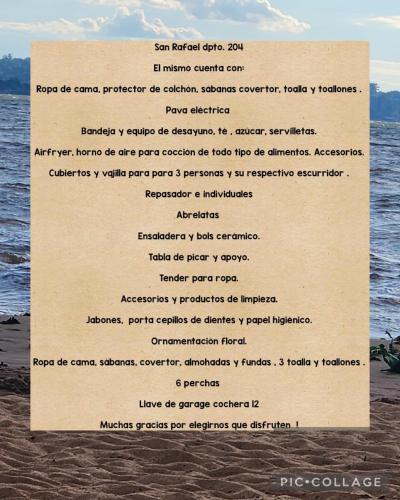 a menu for a restaurant on the beach at Playa, centro y relax in Encarnación